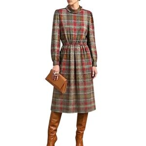Vtg 80s Guy Laroche Paris green red plaid long sleeve silky retro midi dress 10